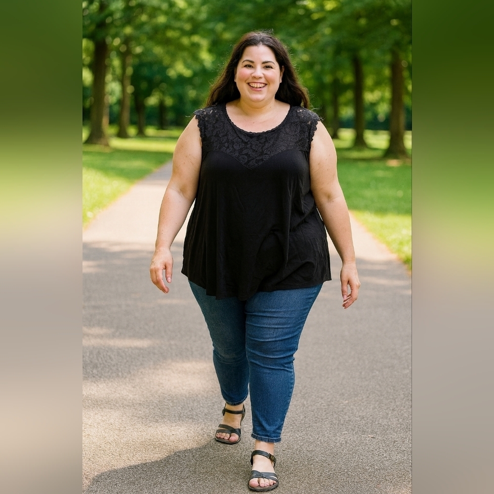 3XL Emerald Black Lace Blouse Sleeveless Top Soft Flowy Light Weight